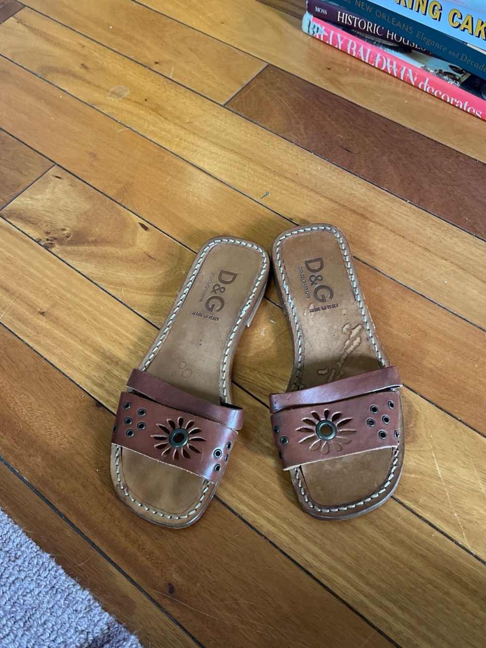 D&G Brown Leather Sunburst Slide Sandals